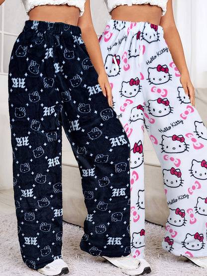 Sanrio KT Cat Pajama Pants for Women - 2pcs Sleepwear Set with Cute KT Cat Face & Full-Length Pants, Cozy Flannel Pajamas for s, - Nightwear ()