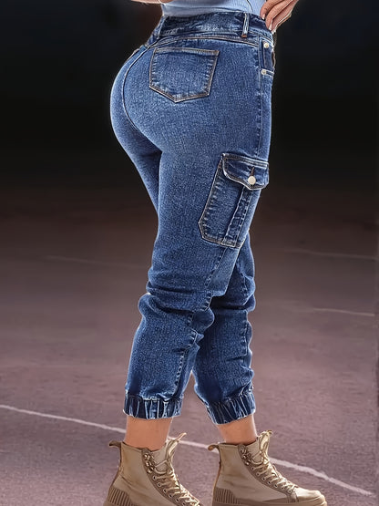 Women'S Distressed Stretch Cropped Denim Jeans - Fashionable Elastic Cuff, Multi-Pocket Casual Cargo Style, Washed Blue with Golden Accents, Casual Denim Wear|Sporty Cropped Jeans|Durable Fabric
