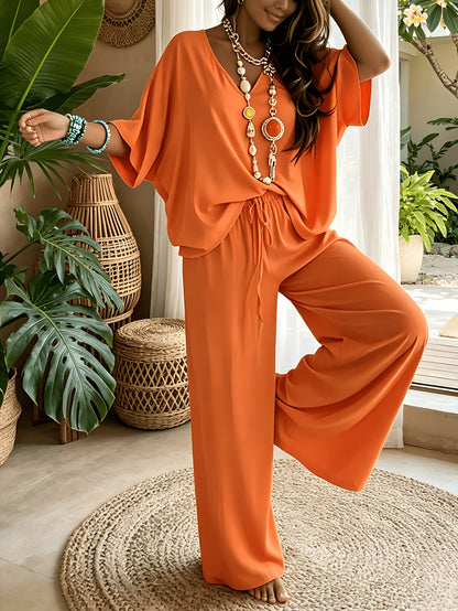 Women'S 2pcs V-Neck Wide Leg Pants Set - Boho Short Sleeve Loose Top & Drawstring Waist Outfit, Summer Beach Loungewear For Vacation, Perfect For Holiday And Daily Wear