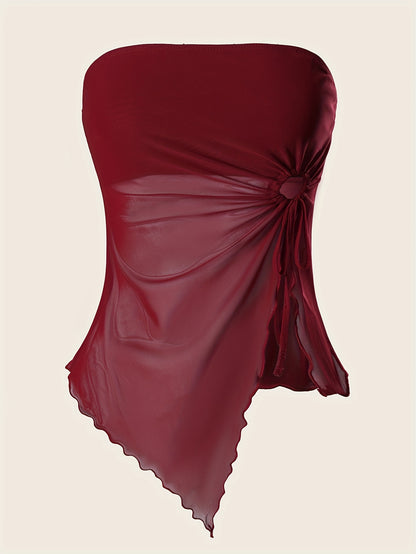 Popular Women's Solid Color Side Drawstring Asymmetric Hem Top 2-piece Set