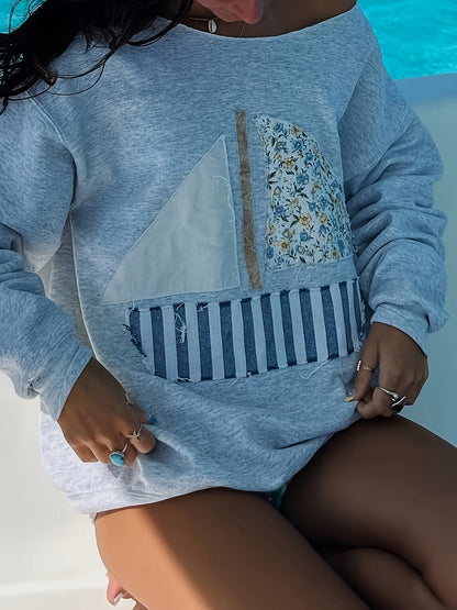 Women'S 3D Oversized Pattern Patch Off-Shoulder Long-Sleeved Sweatshirt, Sailboat Pattern, One-Shoulder/ Off Shoulder Pullover, Spring And Summer New Style, Women'S Clothing Blouse Tops