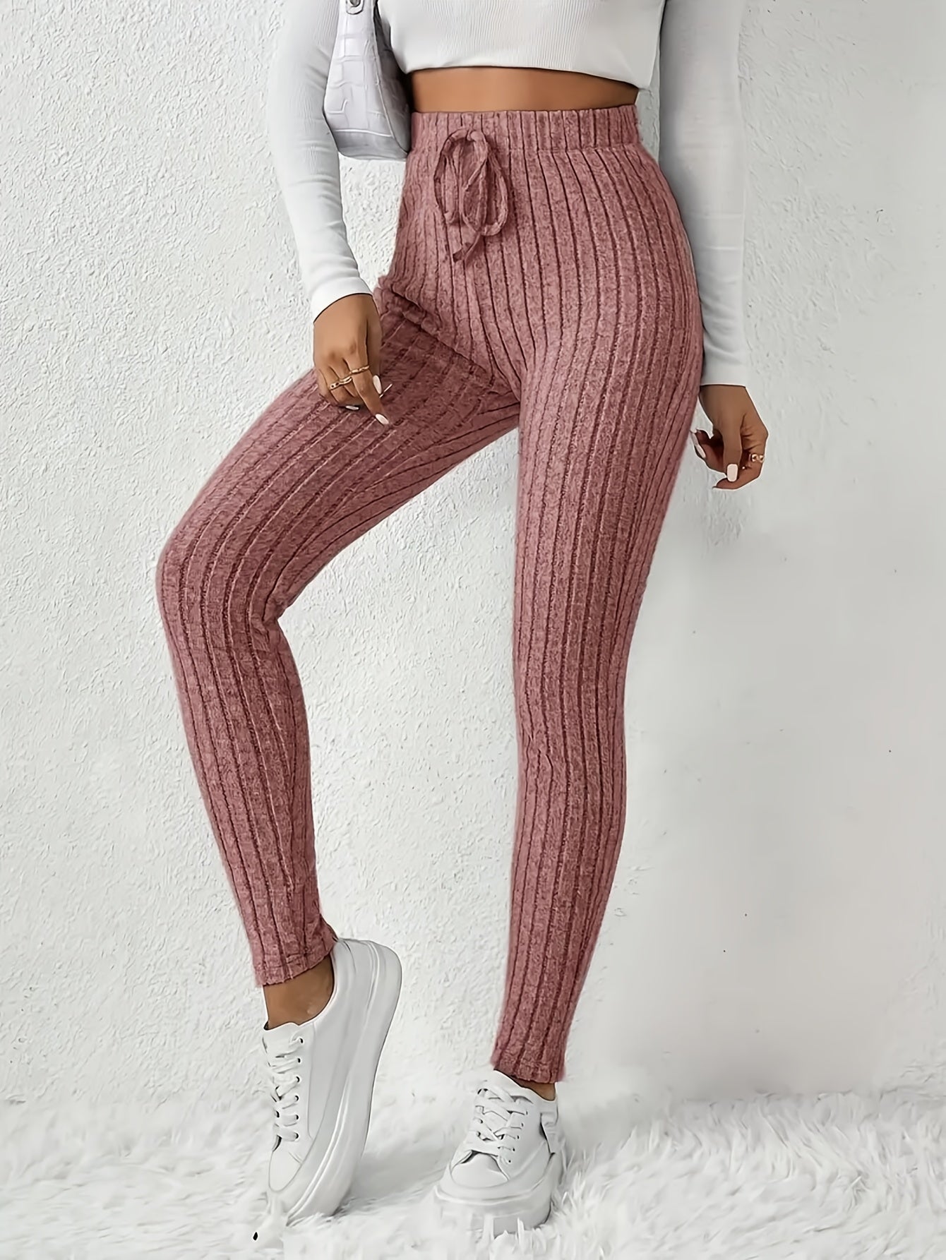Women'S High - Waist Ribbed Leggings - Stretchy Slim Fit, Drawstring Detail, Casual Solid Color Pants for All Seasons