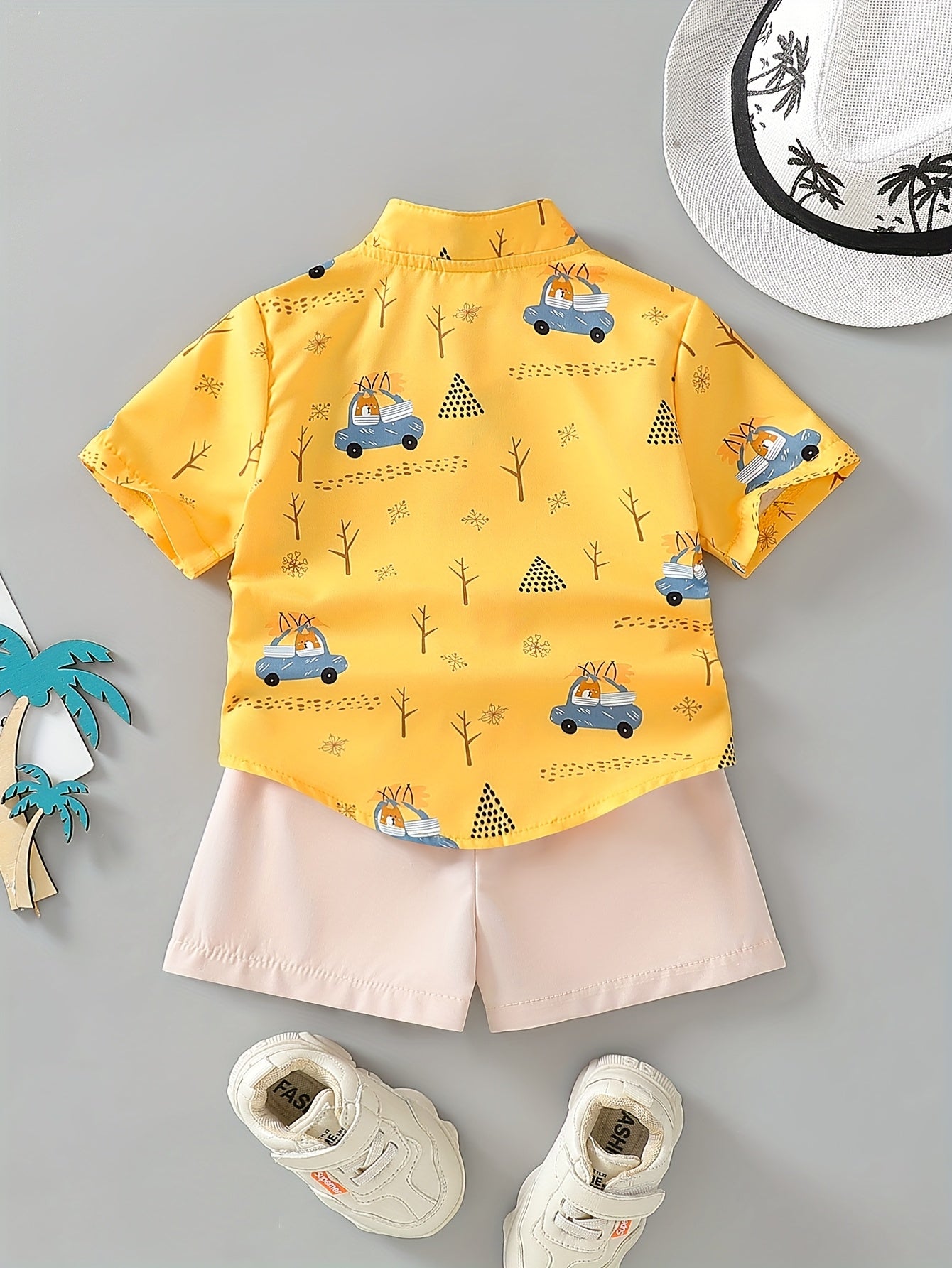 Summer Attire for Young Boys: A Two-Piece Beach Featuring a Button-Up Shirt with Cartoon Car Design And Plain Shorts, for Outdoor