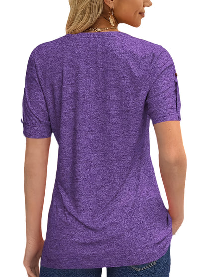 Casual Short-Sleeve T-Shirt for Women, Featuring a Pleated Design And V-Neck in Solid Colors, Perfect for Summer