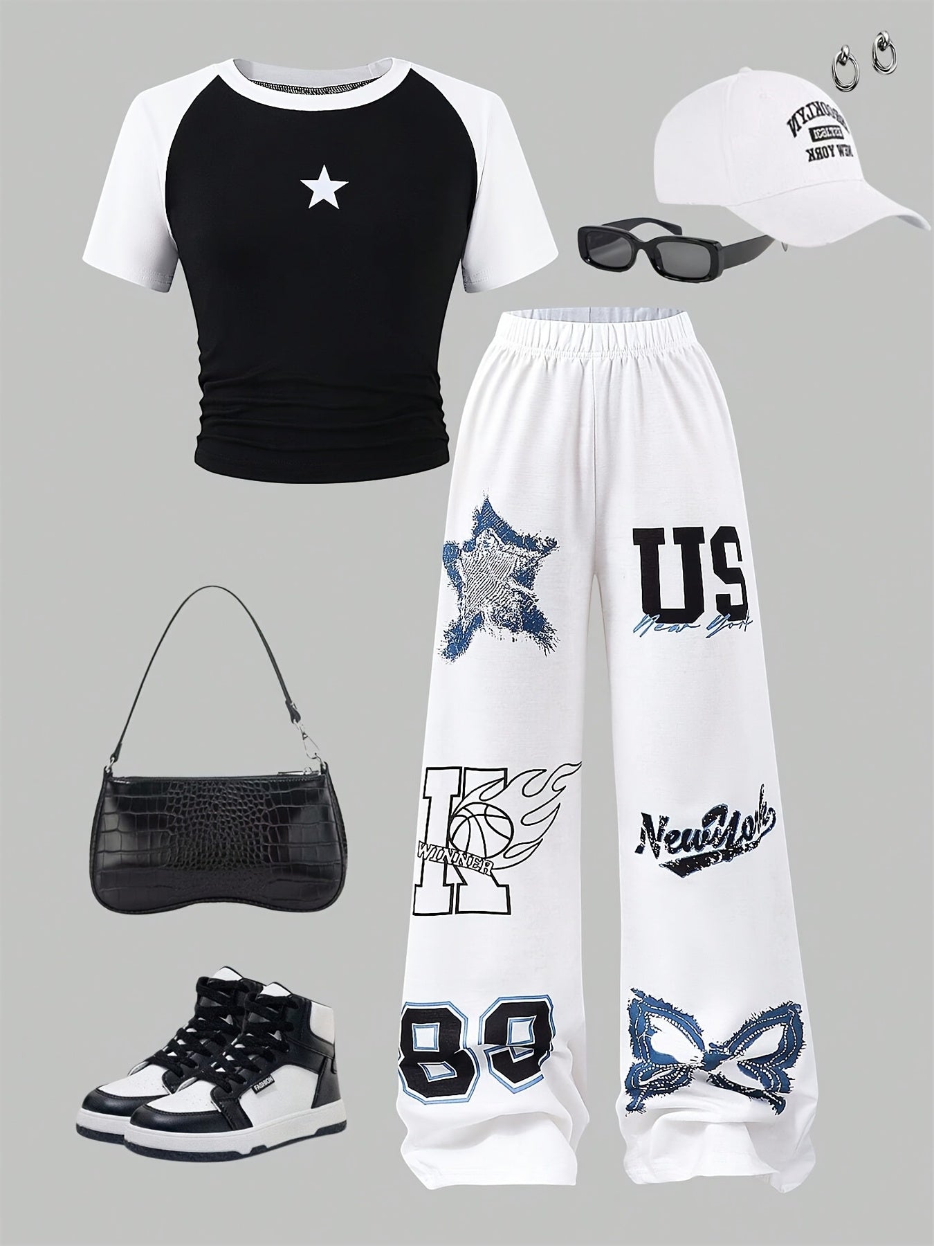Girls' 2pcs Wide-Leg Pants Set/ Black Raglan Crop Tee with White Sleeves Star Print Matching White Printed Sweatpants Elastic Waist/ 4th Of July Casual Daily School Summer Vacation Outfit/ Kids Clothes Girls Teen Girl Clothes Pants Girls' Wide-leg