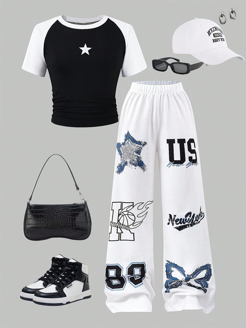 Girls' 2pcs Wide-Leg Pants Set/ Black Raglan Crop Tee with White Sleeves Star Print Matching White Printed Sweatpants Elastic Waist/ 4th Of July Casual Daily School Summer Vacation Outfit/ Kids Clothes Girls Teen Girl Clothes Pants Girls' Wide-leg