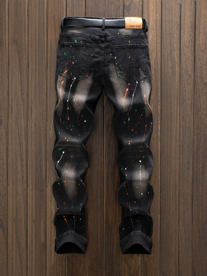 Men'S Casual Versatile Street Fashion Style Splashed Ink Star Hole Printed Jeans