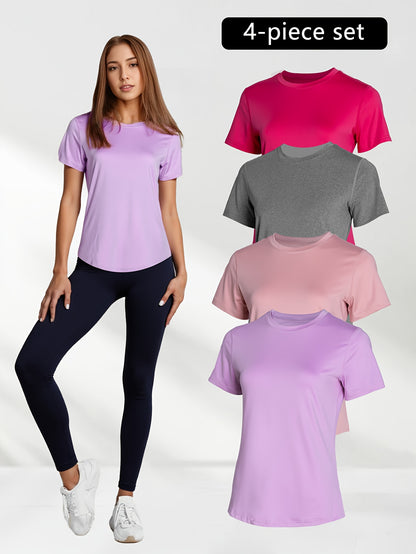 4pcs Solid Sports Tee Round Neck Slim Stretchy Ideal for Yoga Gym Workouts Women'S Athletic Wear Sporty Style Clothes Gym Shirts Workout Tops Oversized Gym Shirts Fitness Outfit, Summerwins