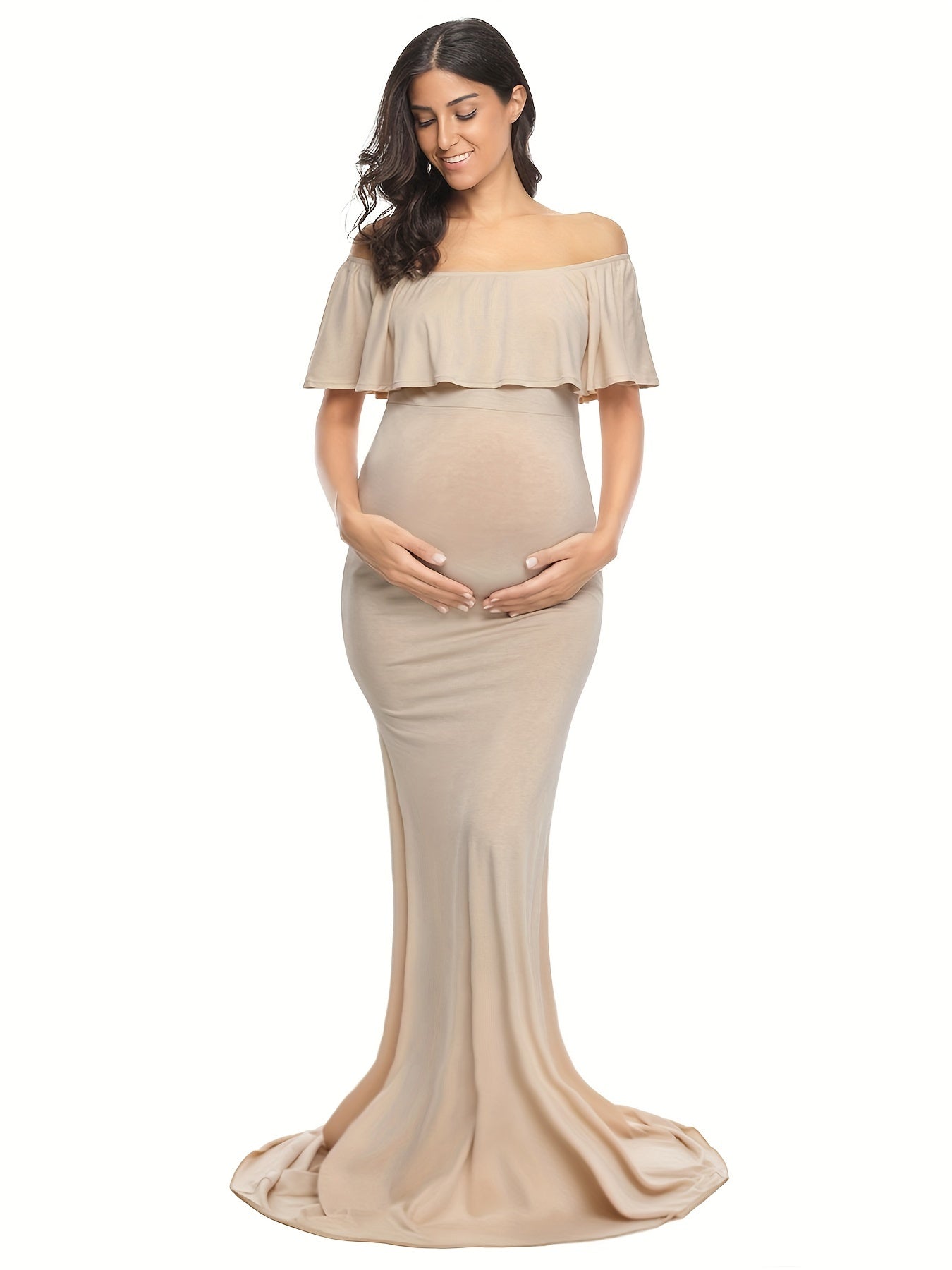 Womens Off Shoulder Maternity Dress Ruffles Elegant Slim Gowns Fit Maxi Photography Dress