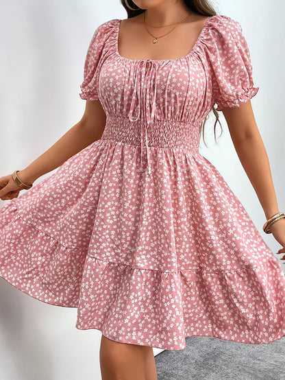 Plus Size - Plus Size - Midi Dress for a Bohemian Vacation in Plus Sizes - Featuring a Square Neckline, Short Puff Sleeves, Gathered Details, a Ruffled Hem, Made from with a Bit of Stretch, Perfect for Casual Weekends in Spring And Summer