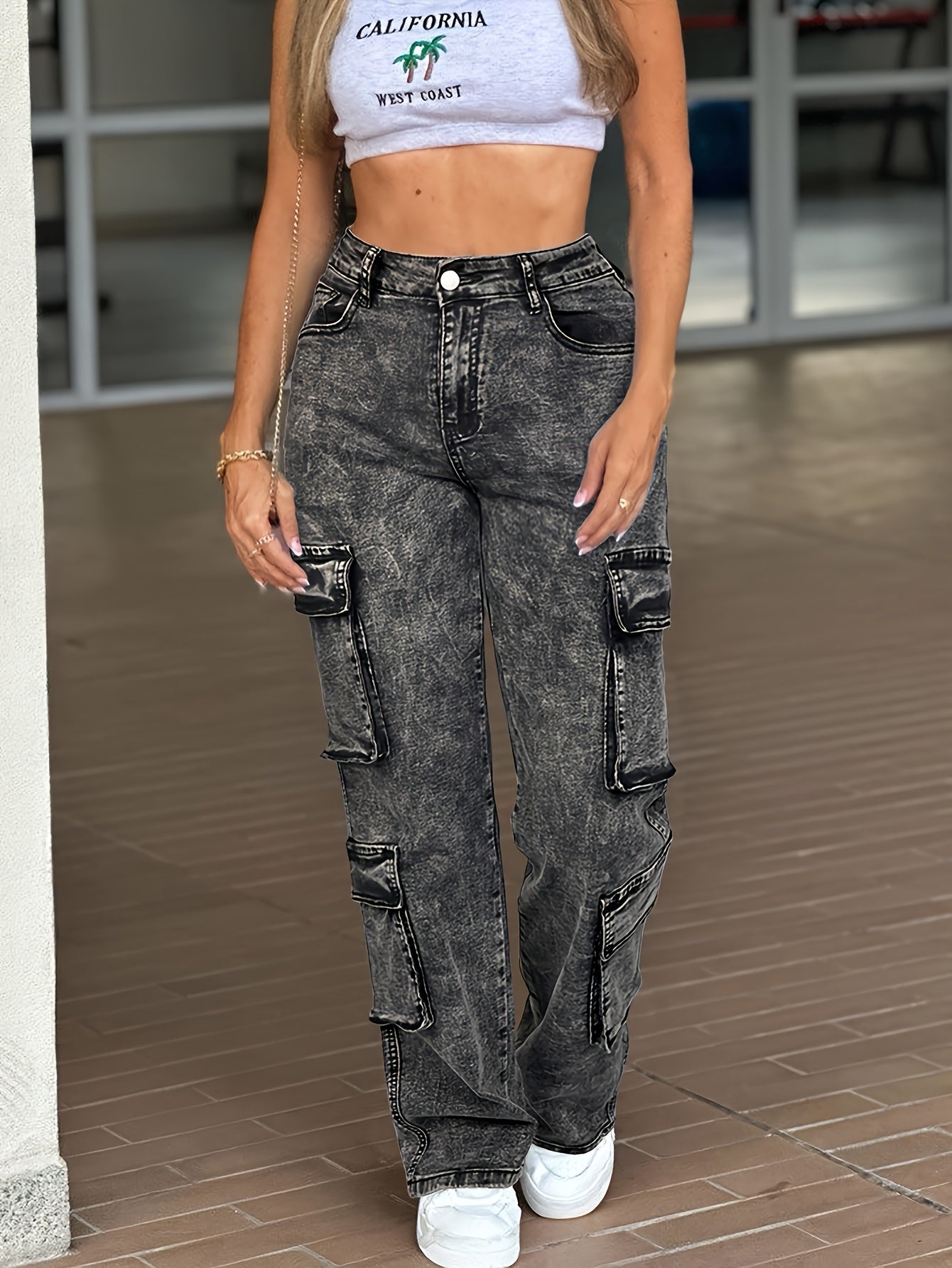 Work Pocket Straight High Waist Straight Jeans, Women's Casual Style Multi-pocket Work Jeans with Stretch And Comfort Heavy Wash Women's Jeans And Clothing