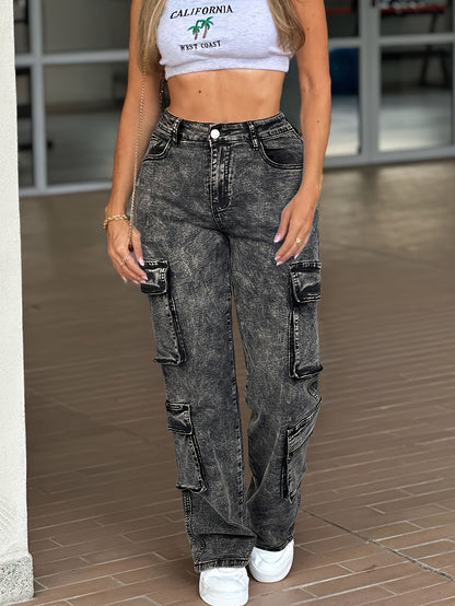 Work Pocket Straight High Waist Straight Jeans, Women's Casual Style Multi-pocket Work Jeans with Stretch And Comfort Heavy Wash Women's Jeans And Clothing