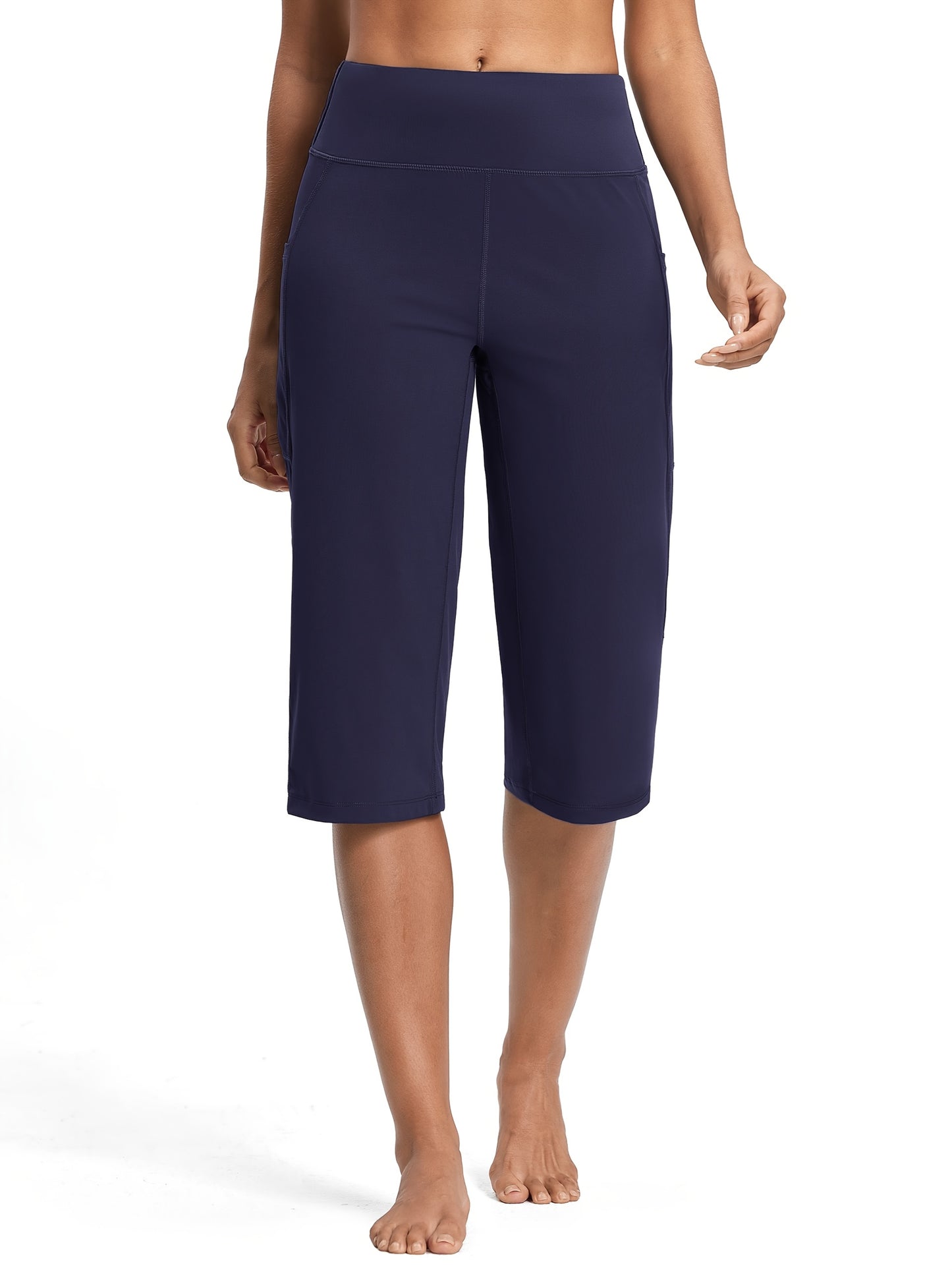 18-Inch Capri Trousers for Women Featuring a High Waist, Pockets, Tummy Control, And a Loose Straight Leg Design Suitable for Workouts And