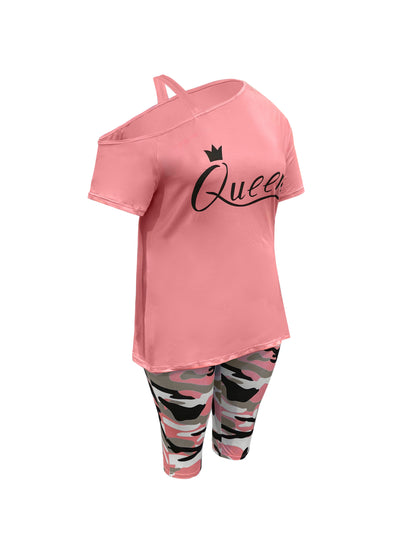 Plus Size - Ladies Plus Size Daily Casual One-Shoulder Short Sleeve Two-Piece Outfit, Diagonal Shoulder Design, Slim Fit Camouflage Pants Suit With Letter Print.