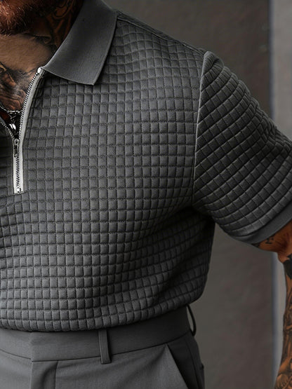 2pcs Men's Summer Commuter Casual Suit: Textured Fabric Half-zip Shirt Paired with Stitched Front Trousers, 2pcs Menswear, Vintage Style, Comfortable Fit.
