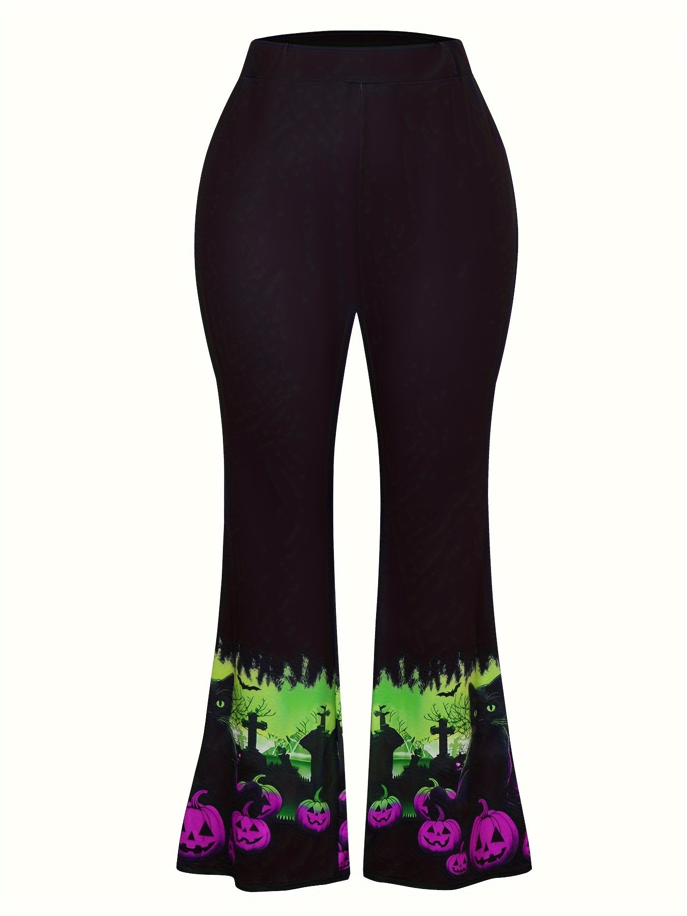 Plus Size - Plus Size Casual Halloween Print Pants Set, Short Sleeve Crew Neck T-shirt & High Waist Flare Leg Pants Outfits, Women'S Plus Size Clothing