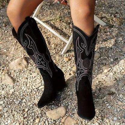 Women's Retro Western Embroidered Cowboy Boots - Slip-On Chunky High Heel, Pointed Toe & Geometric Stitching, Breathable Fabric Upper & TPR Sole for Casual All-Season Wear, Everyday Footwear, Vintage Style, Stylish Embroidery, Trend Followers
