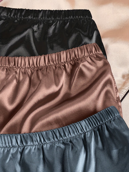 3pcs Women'S Satin Pajama Set - Casual Solid Color Long Sleeve Shirt & Elastic Waist Pants, Lapel Collar, Button Detail, Fall/Winter Sleepwear