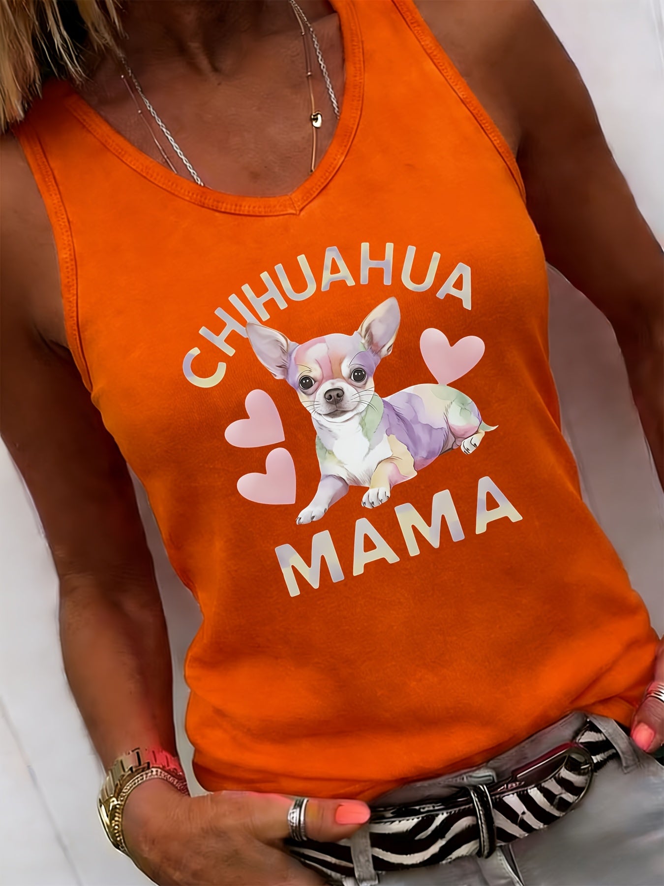 Light Grey Polyester Printed V-Neck Tank Top - product view 2