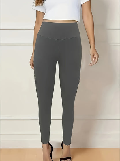 Halloween Costume, 3pcs Women's High-Waisted Yoga Leggings with Pockets - Stretchy Running and Athletic Tights, Button Design, Solid Colors Black, Maroon, Gray, Practical Flap Pockets, Comfortable Fabric Christmas Women's Autumn Wear
