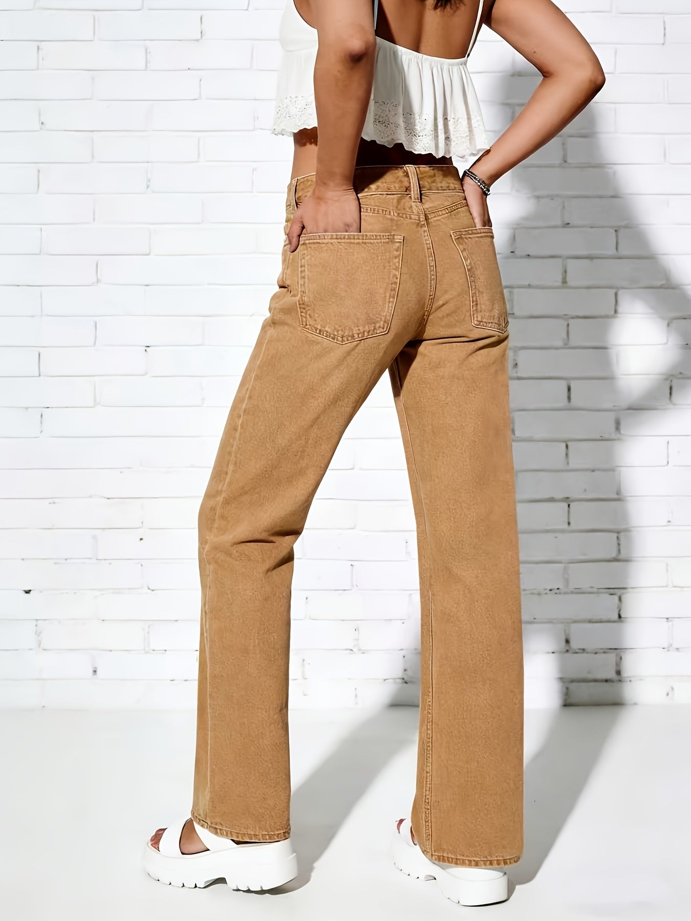 Women's High-Waisted Light Wash Jeans - Stretch Straight Pants with Beltless, Machine-Washable Casual Wear Suitable for Seasons