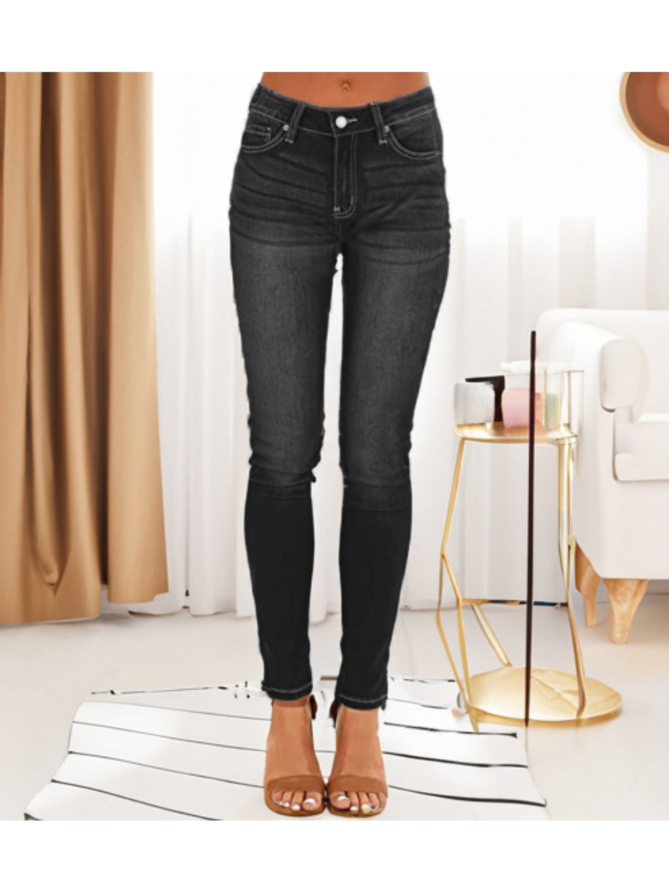 Women's Mid-Rise Butt-Lifting Skinny Jeans - 2025 Summer Color Block Stitching, European & American High Street Fashion, Stretch Denim with Pockets, All-Season Figure-Flattering Jeans for Everyday & Night Out, Comfortable Fashion | Medium Elasticity