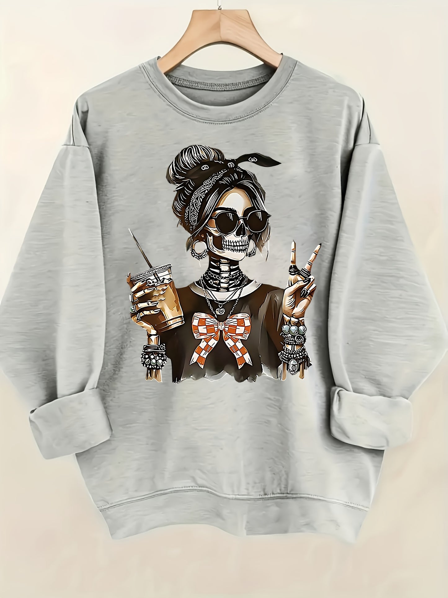 Skeleton - Themed with Trendy Accessories And Gestures Pattern Print Women's Sweatshirt, Comfortable All Seasons, Machine Washable