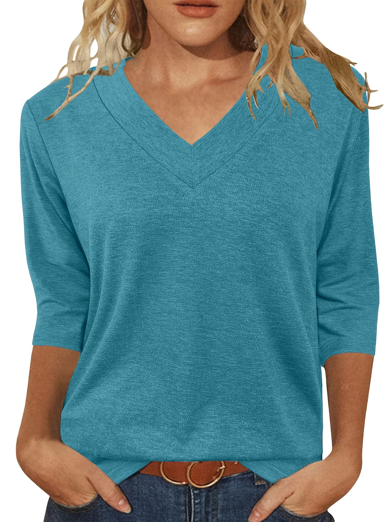 Three-piece Women's 3/4 Long-sleeved Top, Fashionable Ladies' Casual Shirt, Comfortable And Breathable V-neck Three-quarter Sleeve T-shirt