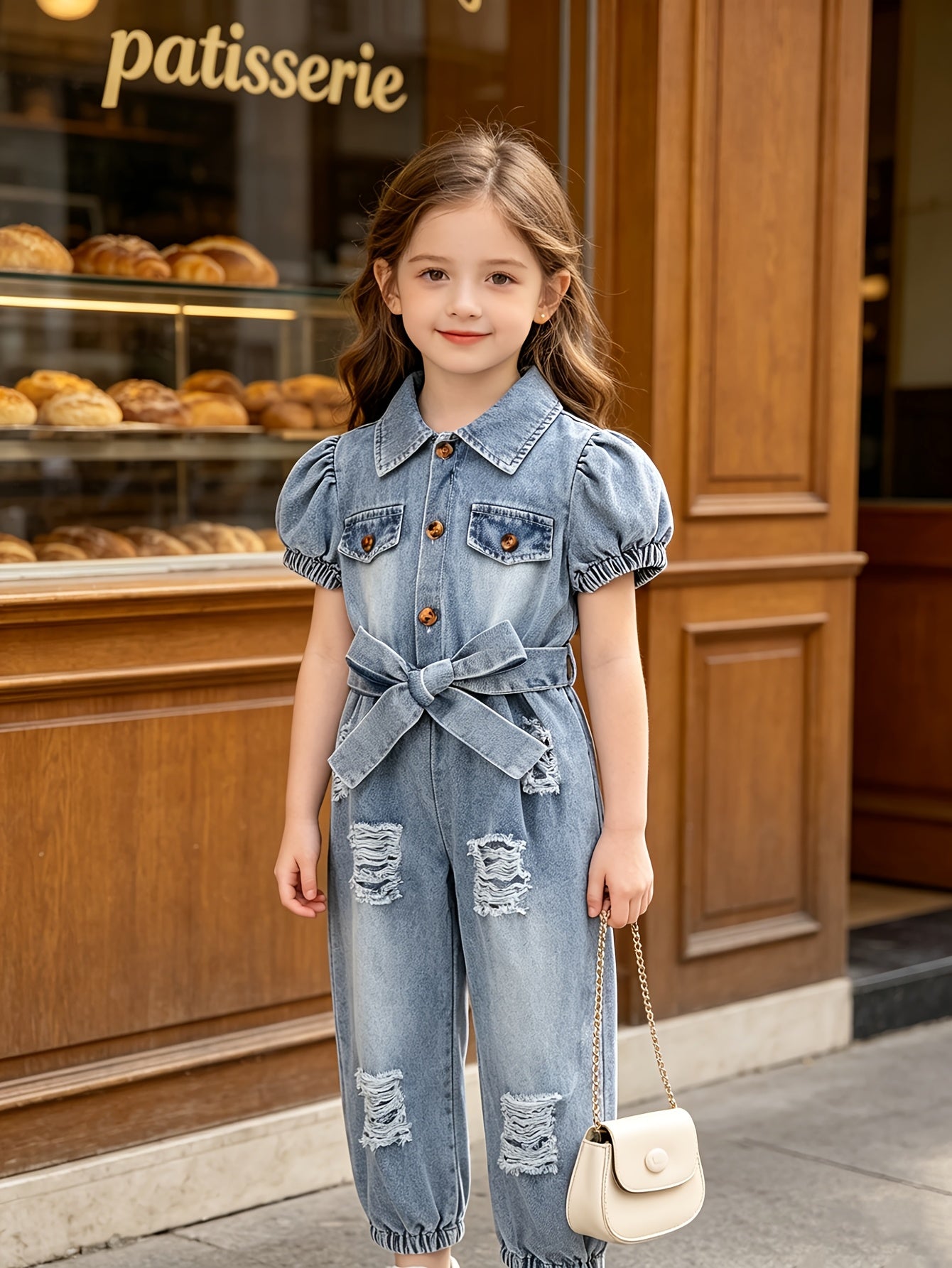 2 Pack Girls Faux Denim Jumpsuit With Belt Long Sleeve Romper Outfit Spring Summer Kids Casual Play Clothes, for Outdoor