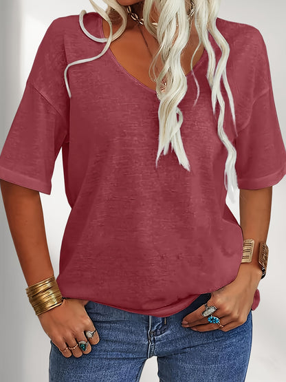 Women Fashion V-Neck Half Sleeves Oversized T Shirt Solid Casual Loose Basic Tops