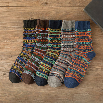 5Pairs Man Warm Socks Christmas Thick Mid Tube Socks Retro Nordic Style Women Couple Socks One Size US5-10 9004