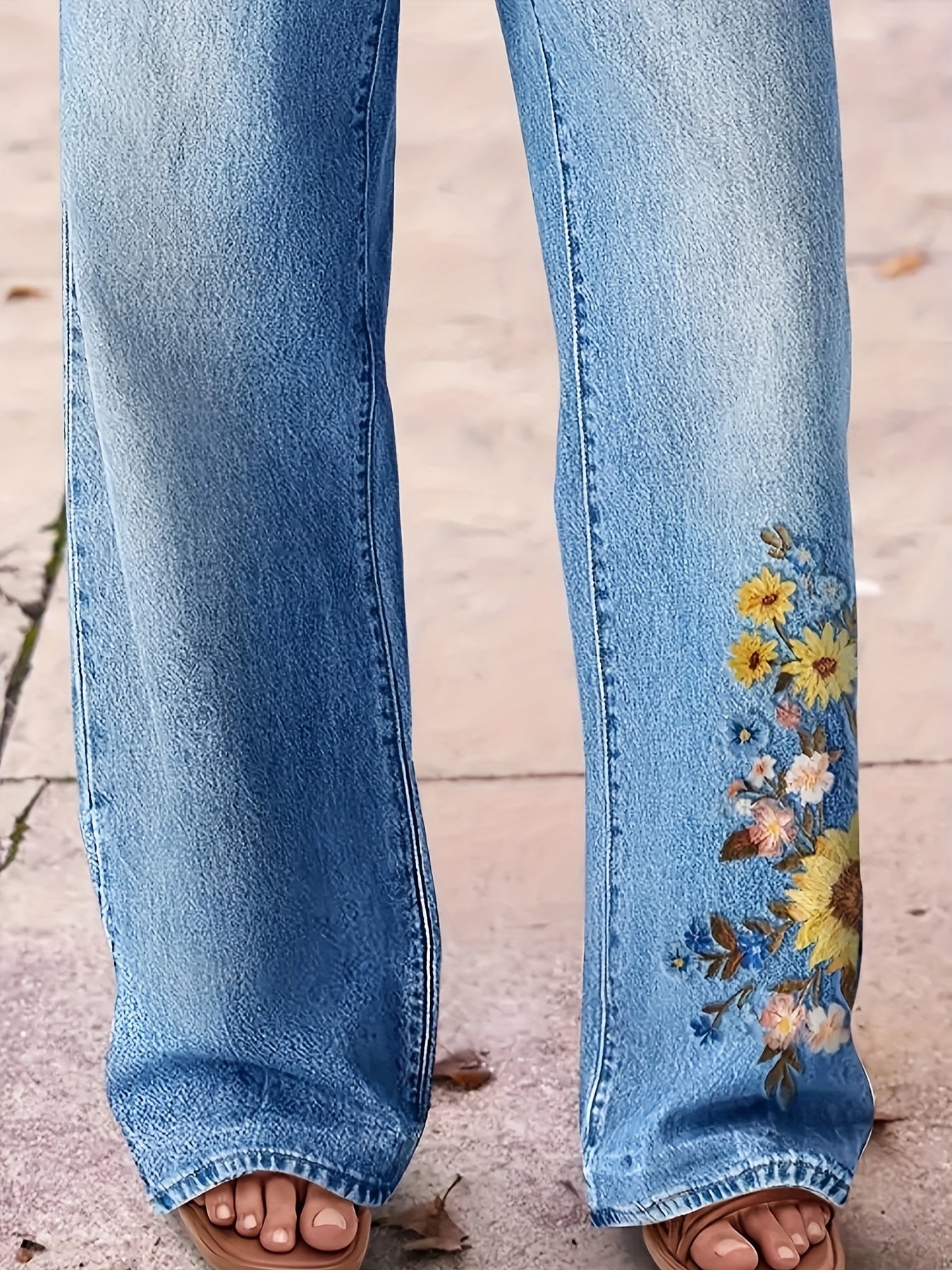 Women's High-Waisted Washed Embroidered Jeans - Straight Leg Pants with Beltless Design, Stretch & Machine Washable for All-Season Wear (Casual & Dressy)