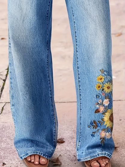 Women's High-Waisted Washed Embroidered Jeans - Straight Leg Pants with Beltless Design, Stretch & Machine Washable for All-Season Wear (Casual & Dressy)