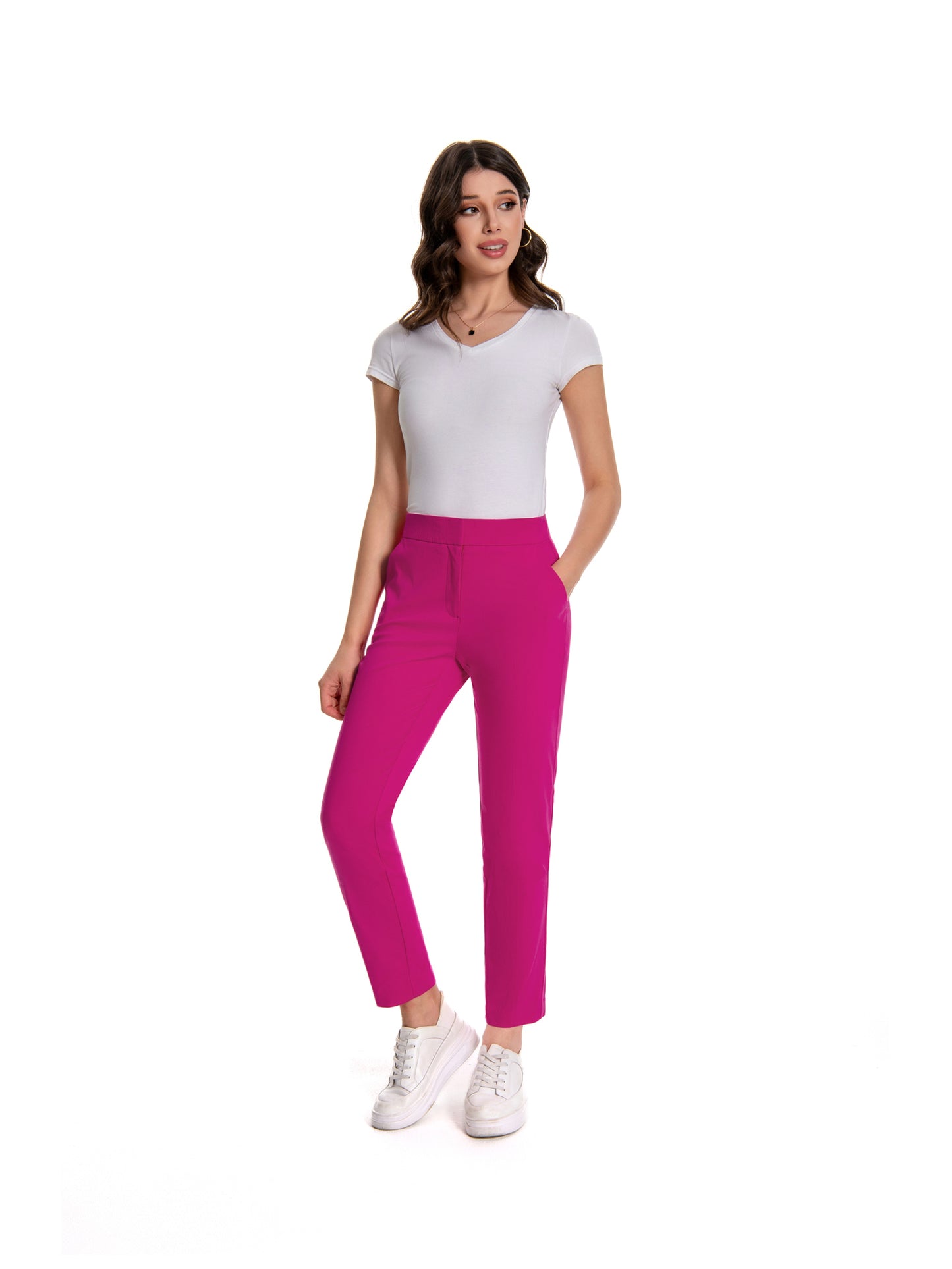 Women'S Mid Waisted Slim Fit Ankle Length Stretch Trousers Vibrant Red High Stretch Fabric with Pockets, Elegant Office Workwear & Evening Out Pants, Machine Washable All-Season Versatile Bottoms, Formal Attire Trousers, Easycare Trouser