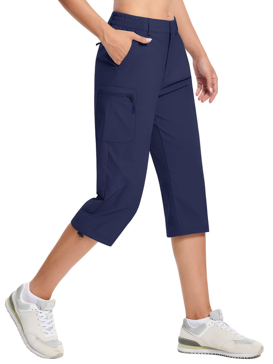 Women'S Summer Hiking Capri Pants - Lightweight, Quick Dry, Stretchy, Zipper Pockets, Adjustable Waist & Cuffs For Outdoor Travel, Hiking, Camping, Fishing, Casual Wear Long Shorts