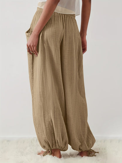 Spring And Summer Women's Casual Pants, Khaki, Pocket, Wide Leg, Tie, Loose, Daily Commuting Wide Leg Pants Womens Summer Clothes