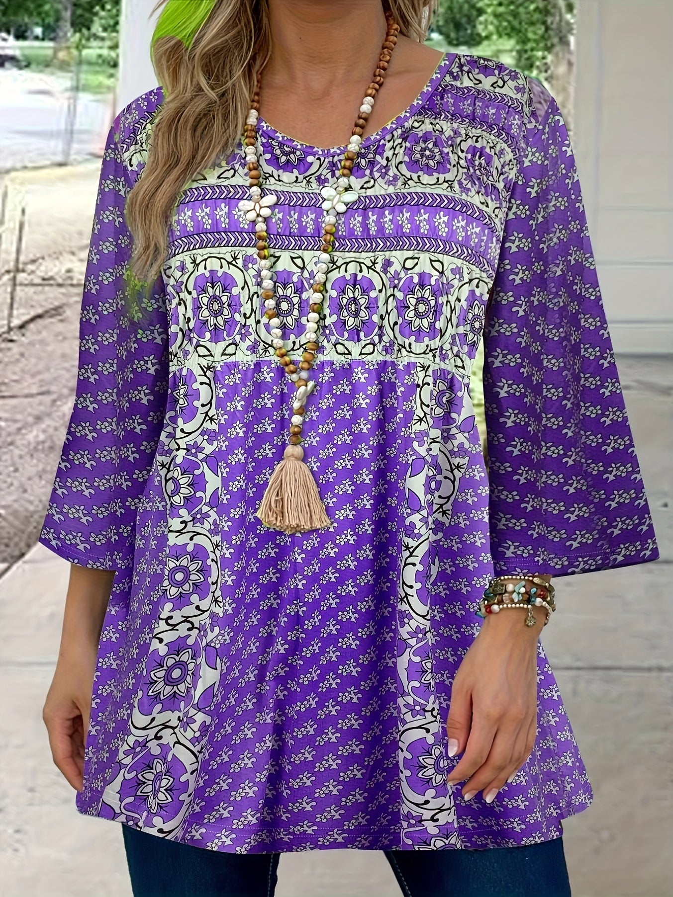 Plus Size - Plus Size - Ladies' 3/4 Sleeve Patterned Blouse - Stylish V-Neck Design, Opaque Material, Washable in Machine, Ideal for Everyday Use
