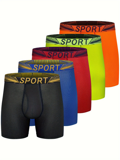 5pcs Mens Boxer Briefs Quick Dry Sport Boxer Briefs No Ride-up 6''Athletic Mesh Performance Underwear with Fly for Men Pack