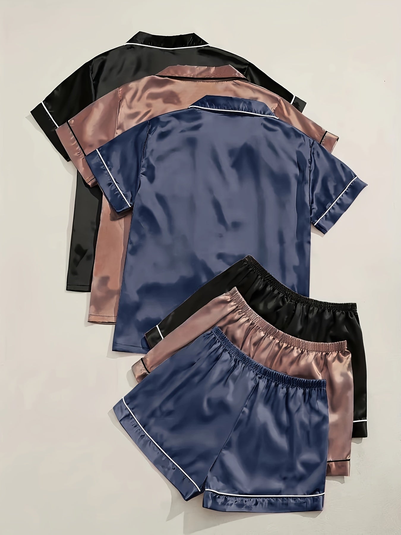Black + Champagne + Pink Satin Short-Sleeve Shorts - product view 29
