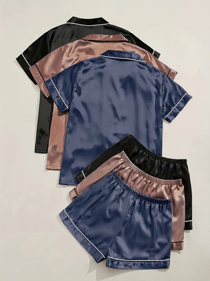 Black + Champagne + Pink Satin Short-Sleeve Shorts - product view 6