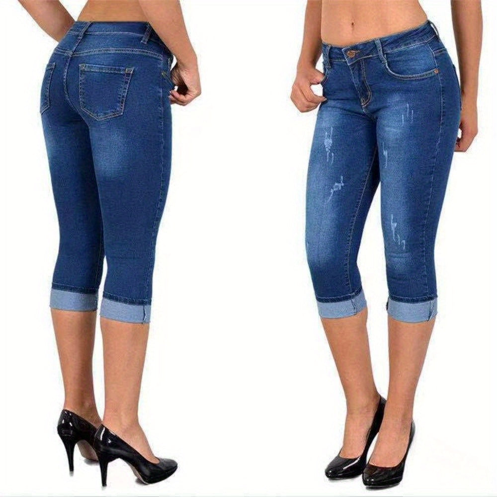 Women's Stretch Skinny Capri Jeans - Slim-Fit Cropped Denim Pants with Elastic Waistband, Street Style Summer Casual Solid Color, Machine Washable, Elastic Waist Jeans, Comfortable Fashion, Stylish Silhouette, Durable Fabric