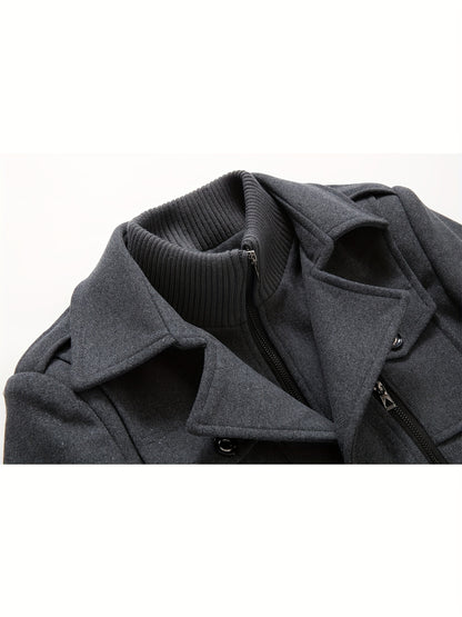 Men's Stand Collar Fleece Blend Pea Coats with Removable Inner Collar Single Breasted Overcoat