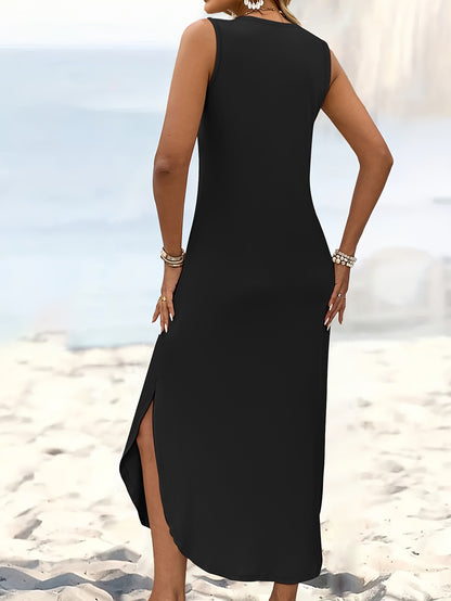 Women's American Flag Sleeveless Maxi Dress - Opaque Tank Dress with Round Neck & Slit Hem, Machine Washable Medium Stretch Suitable for Year-Round Wear, Casual Long Dress for,, Parties