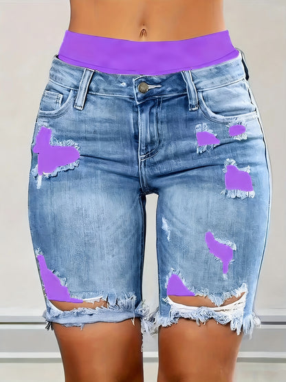 Denim Shorts: Color Block Printed Distressed Shorts/w Fitness Running Shorts