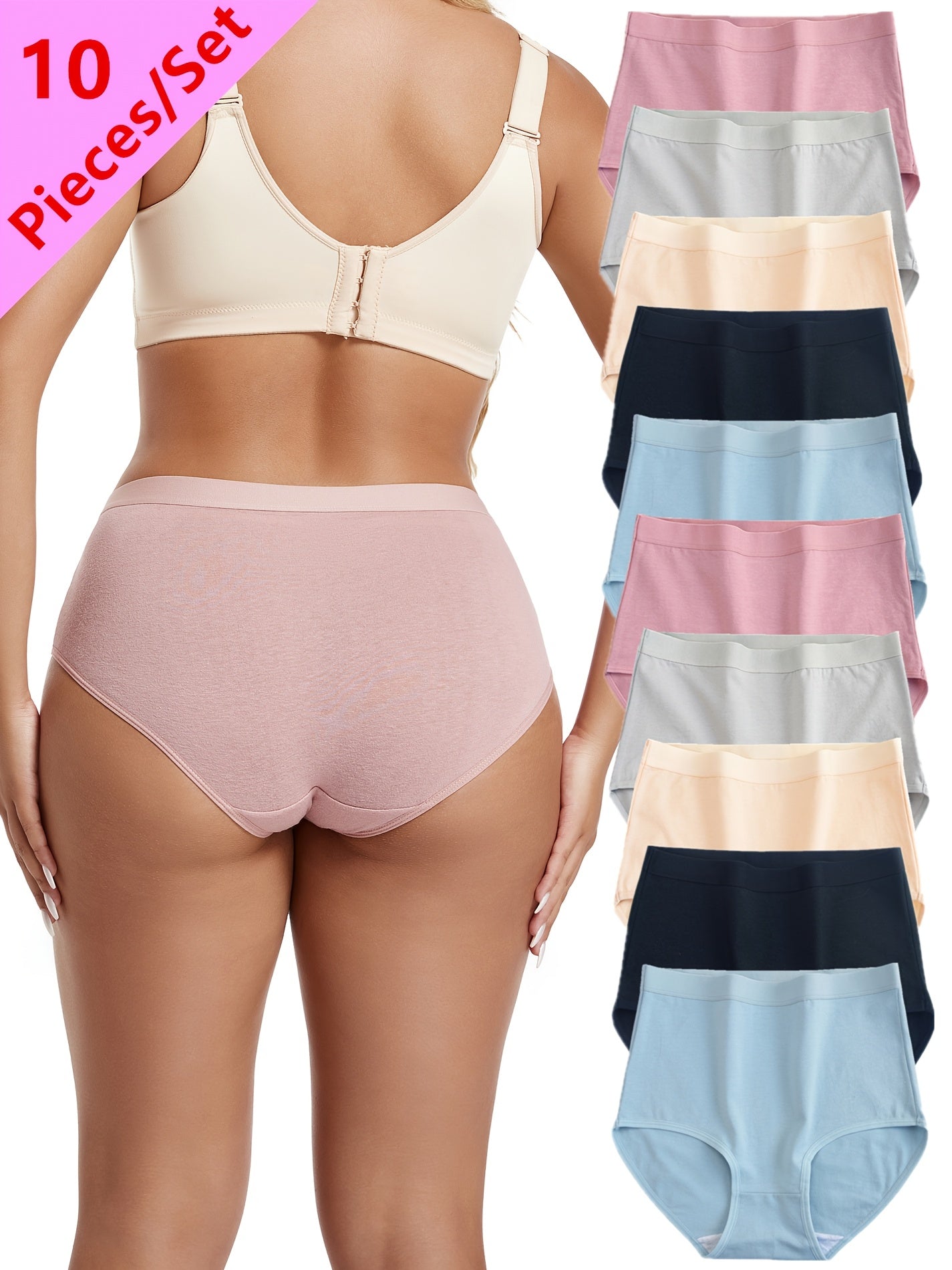 10pcs Women'S High-Waisted Tummy Control Panties, Breathable Comfortable Underwear, Simple Solid Color