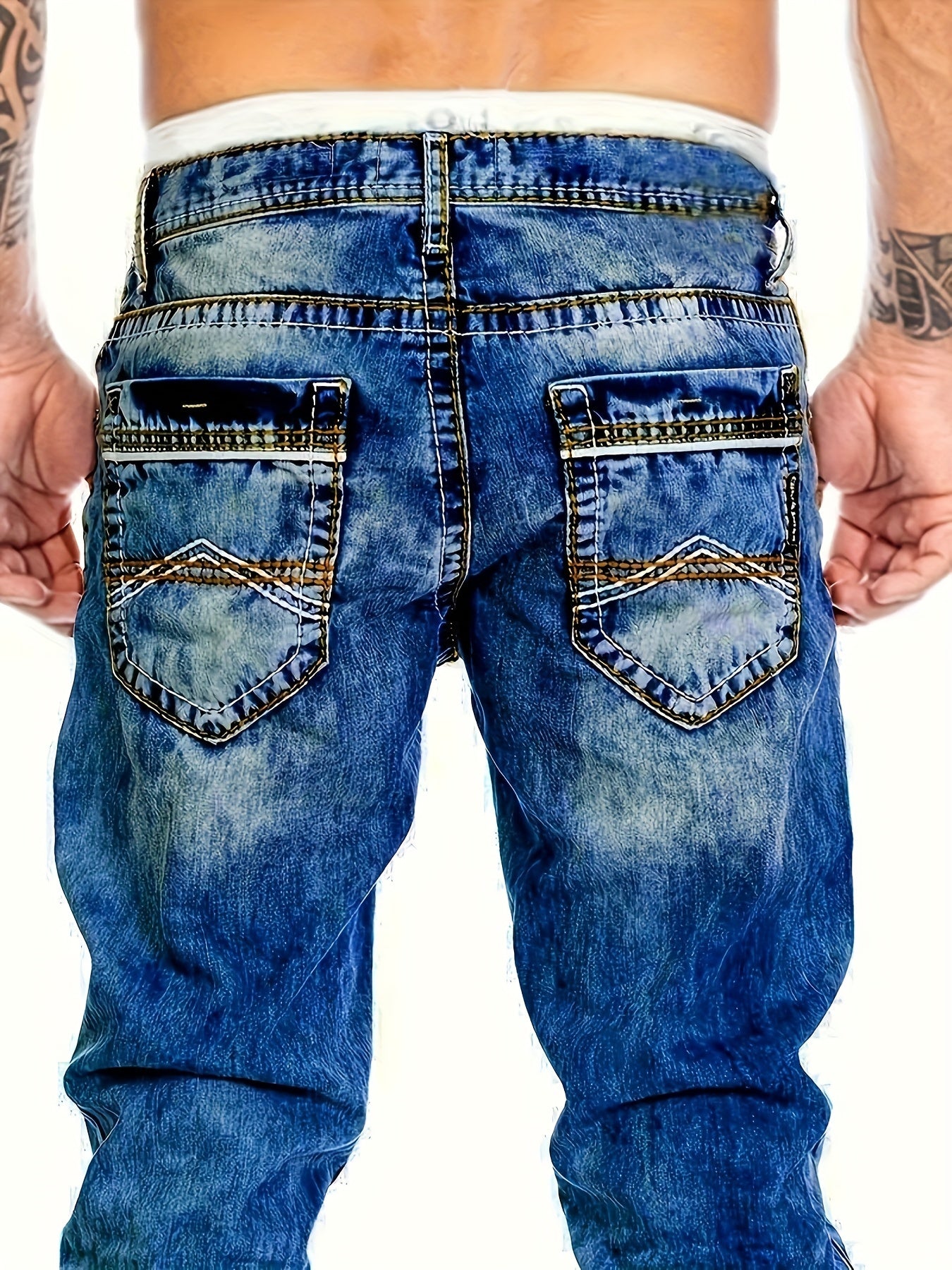 2026 American Snowflake Washed Men's Jeans, Fashionable and Versatile Straight Pants, Elastic Jeans Suitable for All Seasons, Game Day Fan Gear for Soccer and All Fans