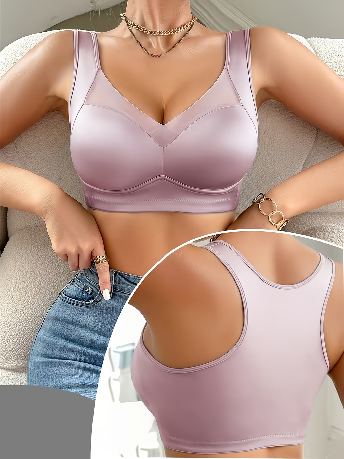 1pc High-quality Satin Fabric Women'S Bra | Wireless, Front Buckle Design, Strong Support, Comfortable Gather, Suitable for Daily and Formal Wear, Non-removable Padding