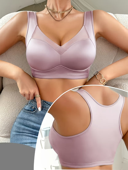 1pc High-quality Satin Fabric Women'S Bra | Wireless, Front Buckle Design, Strong Support, Comfortable Gather, Suitable for Daily and Formal Wear, Non-removable Padding