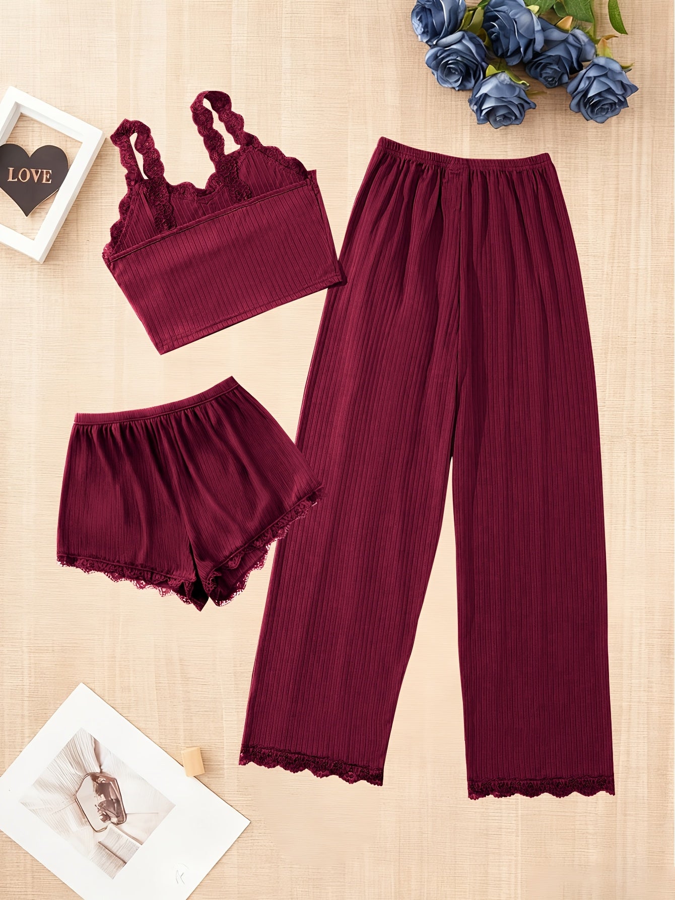 Random Delivery, 3pcs Plus Size Ladies Four Seasons Sexy Lace Suspender Home Service Suit (including Trousers, Shorts And Vest), Black-burgundy-grayish Blue, Sent Randomly.