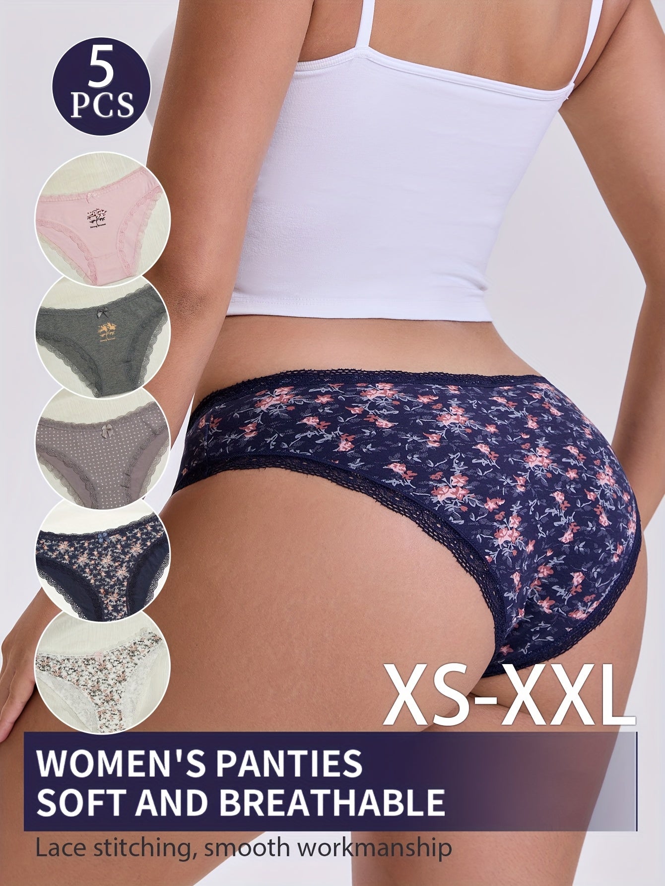 5pcs Women'S Underwear - Soft Breathable Low-Rise Briefs with Contrast Lace Trim, Seamless & Non- Restrictive Design, Light -Friendly Fabric for Everyday &, Comfortable & Stylish Lingerie, Underwear For Women, Underwear For Women High Quality